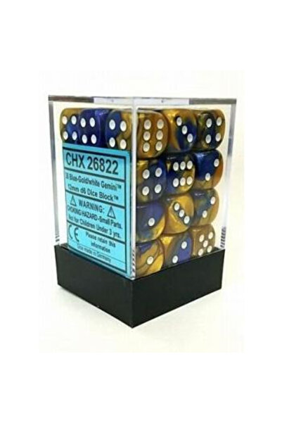 Chessex Zaruri Gemini 12mm d6 cu puncte (36 de zaruri) - Albastru-Auriu cu alb