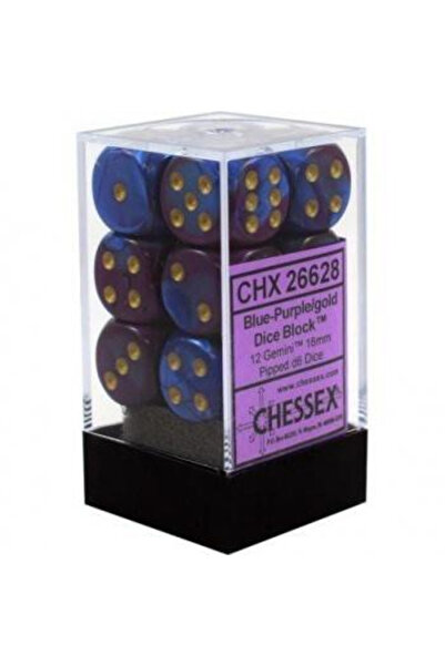 Chessex Gemini 16mm d6 with pips Dice Blocks (12 Dice) - Blue-Purple w/gold