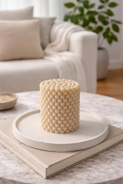 Lethe Design Bubble Silindir Mum, Sıcak Kokulu Dekoratif Tasarım Mumu, Bej ve...