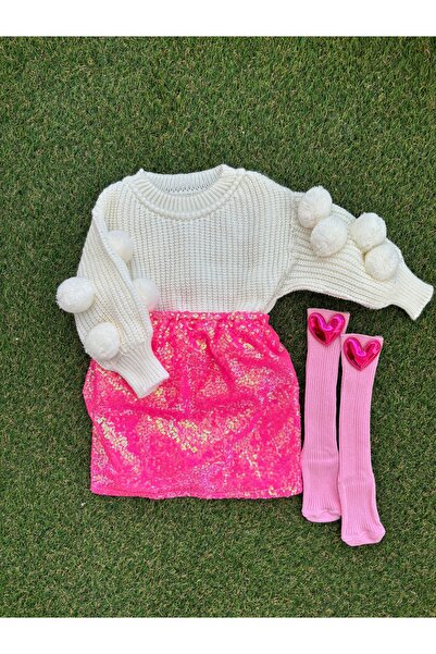kokosh _ kidss burcu sapmaz Розова пола с пайети, пуловер с помпони и чорапог...