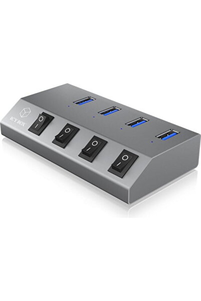 ICY BOX Hub USB , 4 porturi, USB 3.0, Butoane ON/OFF, Gri