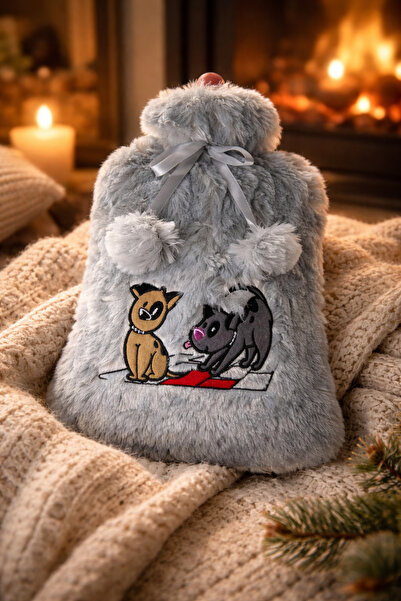 esdekor 2L Hot Water Bag Plush Gray Color Dogs Theme with 1 Soft Cover and Le...