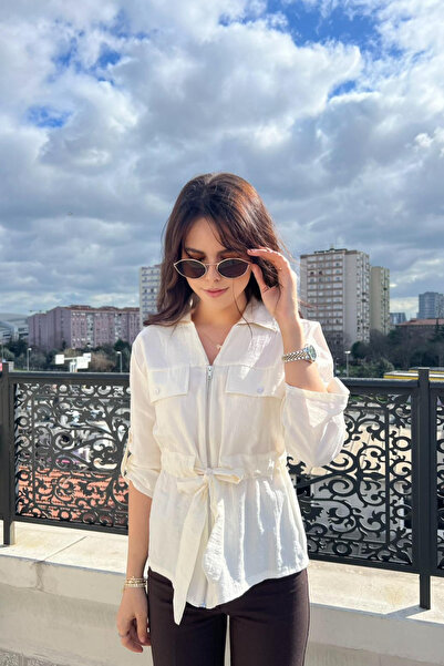 sunfyre Women's V-Neck Zippered Shirt with Short-Sleeved Belt Detail Sun288