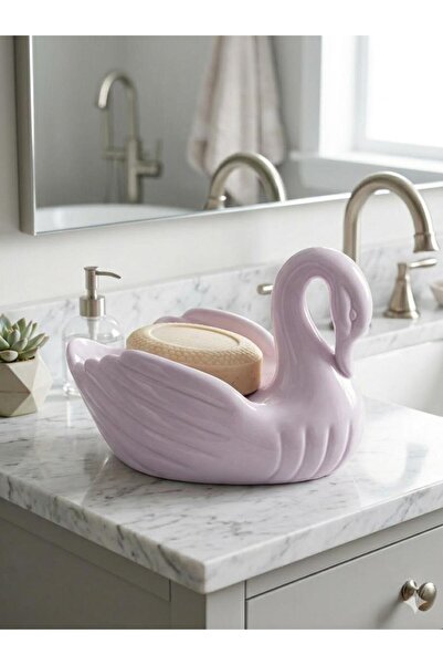 abnturk Dekoratif Porselen Görünümlü Özel Tasarım Kuğu Sabunluk. Açık Lila Şı...