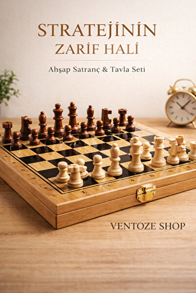 Ventoze Ahşap Satranç ve Tavla Seti | 2'si 1 Arada Katlanabilir Büyük Boy 34x...