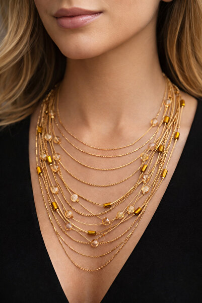 BEKLEMİN TAKILARI Çelik Renk Çoklu Zincir Detaylı Boncuklu Katmanlı Kombin Kolye