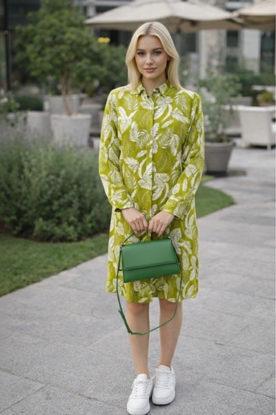 Polologin Butik Leaf Patterned Cotton Pieces Shirt Dress Green White
