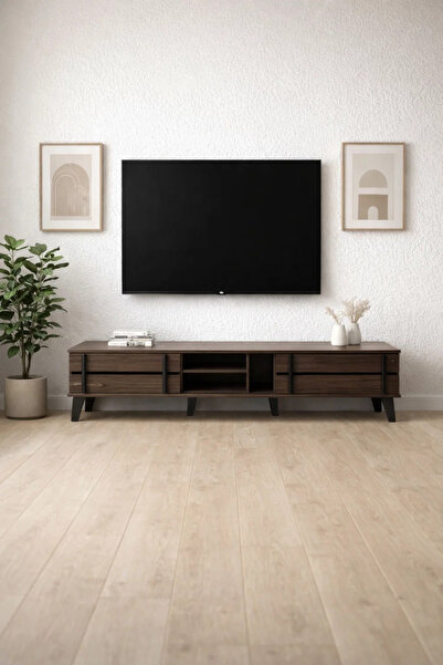 MARIA HOMES Furniture 200cm Modern TV Unit Dark Brown Wood Media Stand with D...