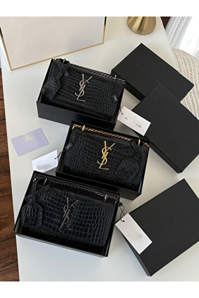 GENERAL حقيبة كتف جلدية لون أسود – بحبل جنزير مع ميدالية جلدية أنيقة