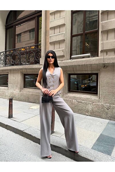 maf collection Women's Button Detail Zero Sleeve Gray Suit