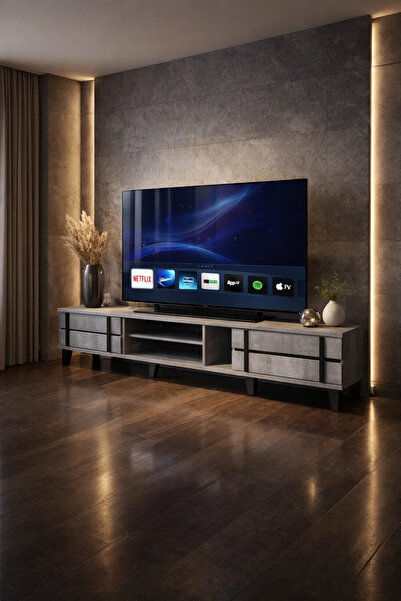 MARIA HOMES Industrial Style Grey TV Table Media Console with Black Accents f...