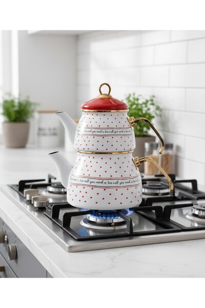 FeyzaDesign Kırmızı Beyaz Gold Detaylı Puantiyeli Emaye Çaydanlık Takımı 2L+1L