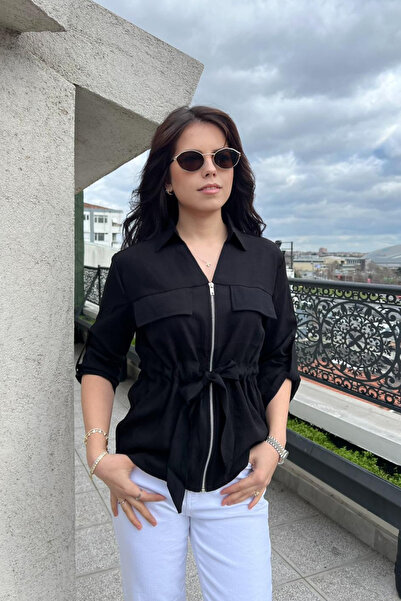 sunfyre Women's V-Neck Zippered Shirt with Short-Sleeved Belt Detail Sun288