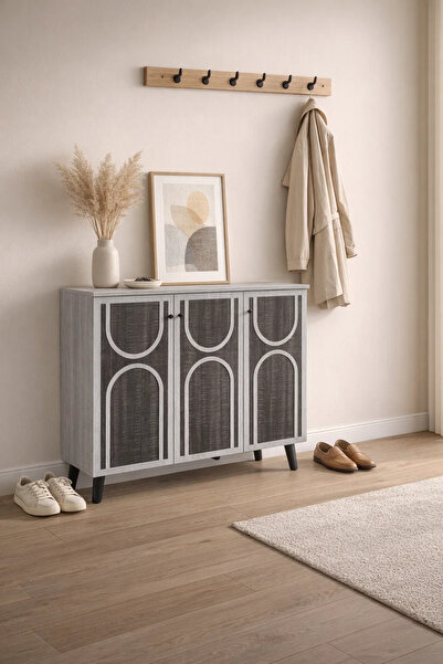 MARIA HOMES Modern 3-Door Shoe Cabinet Entryway Storage Organizer Geometric D...