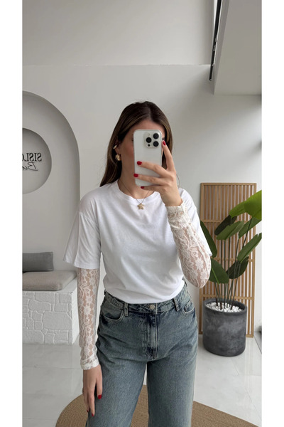manana fashion White Sleeve Lace Pack T-Shirt