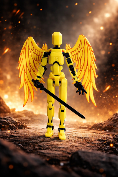 joybaskı Robot Dummy Sarı Kırmızı Kanatlı Oynar Eklemli Hareketli Oyuncak Aks...