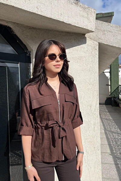 sunfyre Women's V-Neck Zippered Shirt with Short-Sleeved Belt Detail Sun288