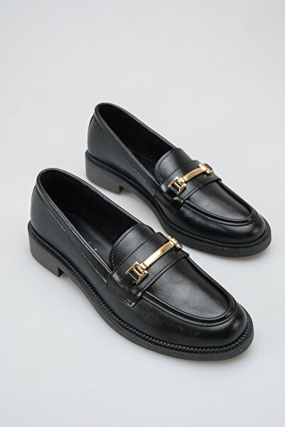 Rella Black Gold Buckled Thick Sole 3 cm Heeled Loafers Comfortable Daily Sty...