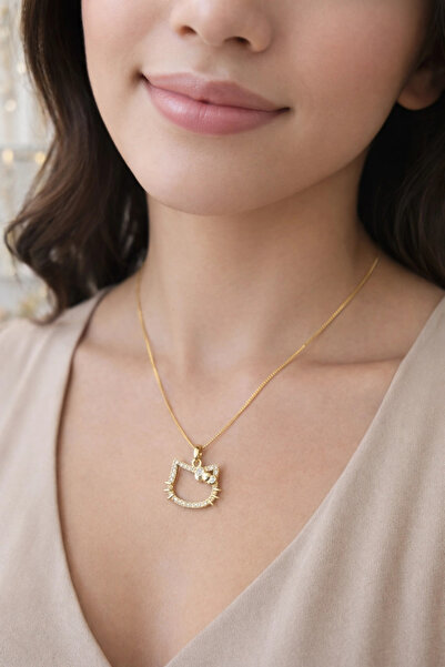 naaksesuar Gold Colored Hello Cat Steel Necklace