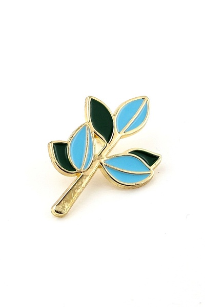 Stanbula Modern Botanik Dal ve Yaprak Mavi Yeşil Pin Yaka Çanta Süsü Metal Ro...