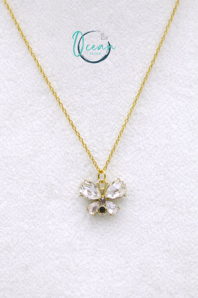 OceanDesign Gold Color Butterfly Figured White Zircon Stone Women's Necklace 45 cm Steel Chain