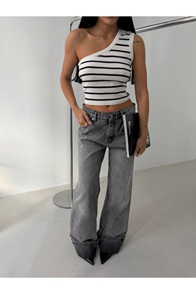 Bliss Women's One Shoulder Sleeve Striped Knitwear Cropped Top