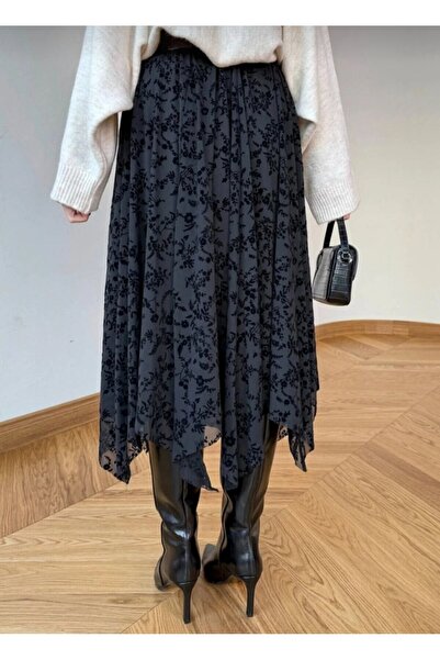 LİFERA Asymmetrical Cut Flock Printed Tulle Skirt