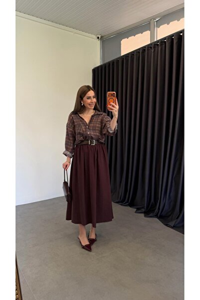 elif teke Wicker Belt Piece Burgundy Midi Skirt