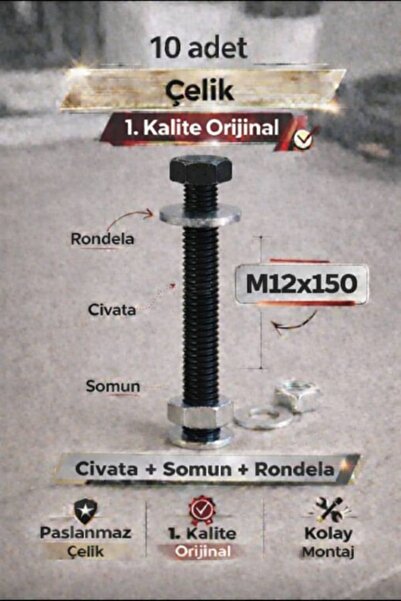 akatsuki Paslanmaz Çelik civata + Somun + Rondela Seti (M12x150mm) – 10 Adet
