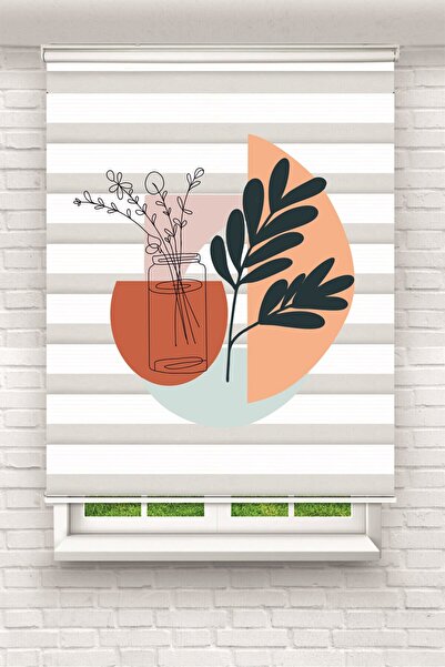 BASKICINIZ Minimal Turuncu Saksıda Çizgisel Yaprak Desenli Zebra Perde – YZN-...