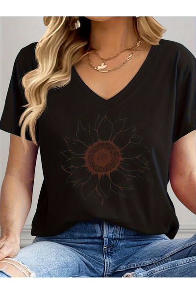 mercoledi Women's Floral Printed V-Neck Sleeved Regular Fit T-Shirt