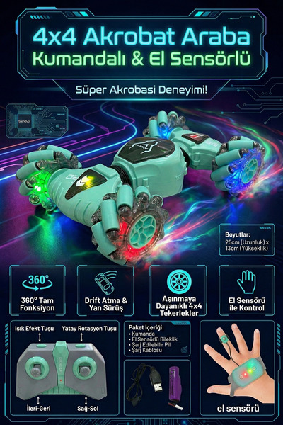 craftivio Şarjlı Uzaktan Kumandalı ve El Sensörlü 4x4 Akrobat Araba 360 Derec...