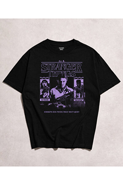 kun inaki Stranger Things Baskılı Siyah Unisex T-Shirt