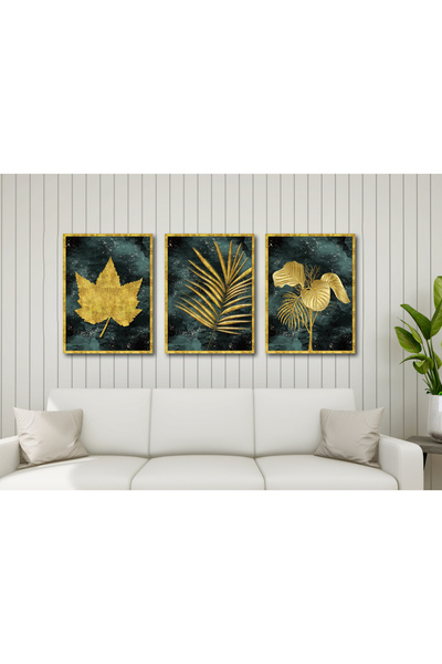 M&H Quality Set de 3 tablouri de perete din MDF din seria Luxury Golden Tropi...