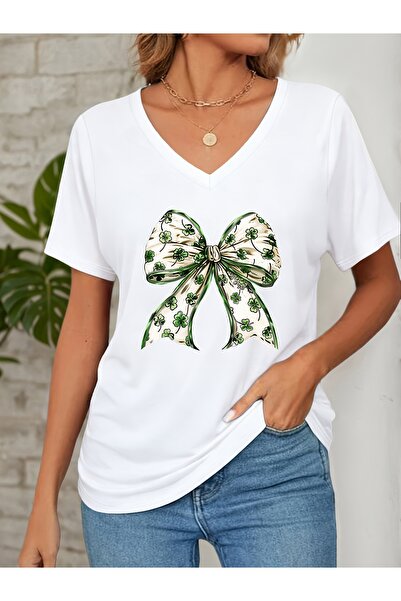 mercoledi Women's Ribbon Printed V-Neck Sleeved Regular Fit T-Shirt