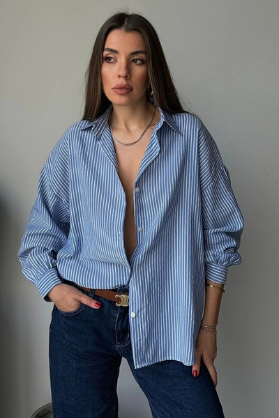 Lusin Women's Navy Blue Striped Oversized Relaxed Fit Long Sleeve Shirt