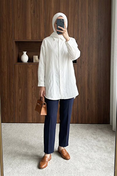 MODAQU Stripe Pattern Buttoned Shirt Tunic - White