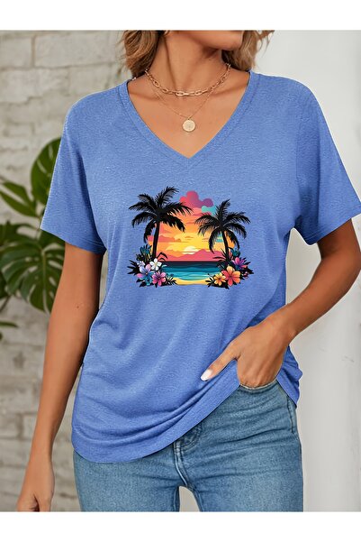 mercoledi Women's Palmiye Printed V-Neck Sleeved Regular Fit T-Shirt