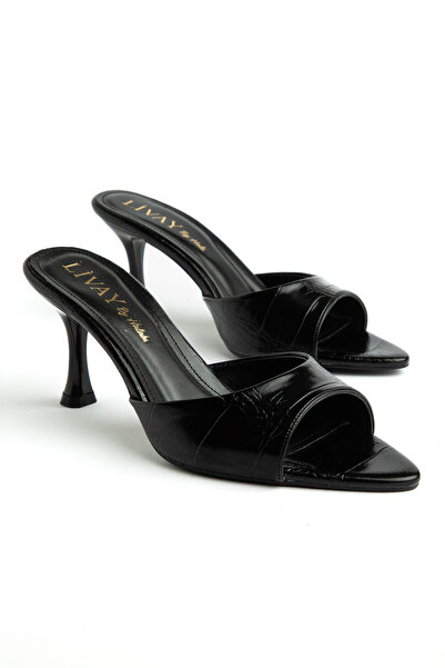 halabi moda Women's Black Crocodile Pointed Toe Short Heels Sandals