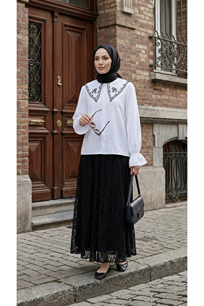 MODAQU Embroidered Peter Pan collar Shirt Blouse - White