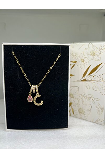 ZD JEWELRY Çelik 316 L Zirkon Taşlı Pembe Kristal Taş 45 cm Altın Renk Zincir...