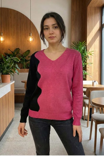 yb yağmur butik V-Neck Double Color Knitwear