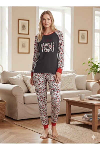 İpek Women's Long Sleeve Cuff Detailed Cat Pattern Thermal Pajama Set