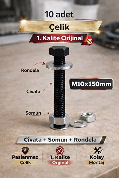 akatsuki Paslanmaz Çelik civata + Somun + Rondela Seti (M10x150mm) – 10 Adet