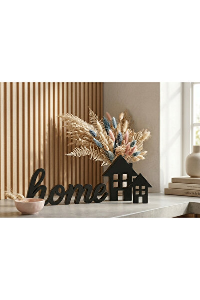 LİYA COLLECTİON Modern Dekoratif "Home" Yazısı ve 2'li Ev Biblo Seti - Minima...