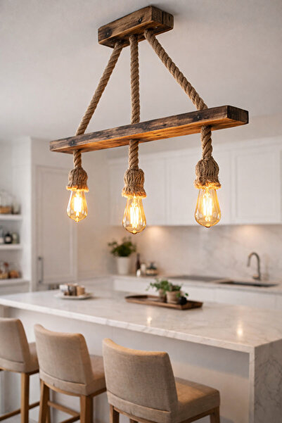 Auro home 🌿 Halatlı Ahşap 3’lü Avize – Rustik Sarkıt Aydınlatma