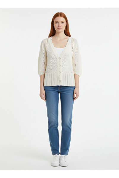 Neden Tekstil Ecru Buttoned Lace-Like Knit Balloon Sleeve Cardigan