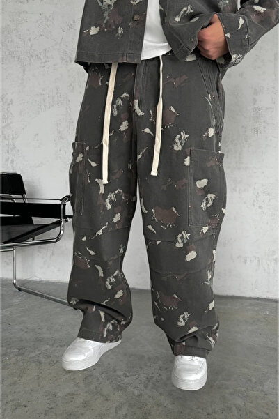 Wonraces Men's Anthracite Baggy Camouflage Print Cargo Pants with Elastic Wai...