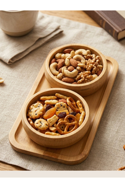 mucit home 2-Piece Natural Snack Bowl Set with Bamboo Trays and Round Compart...