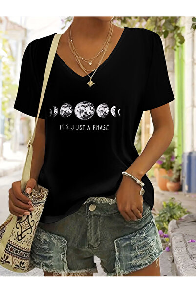 mercoledi Women's Moon Phase Printed V-Neck Sleeved Regular Fit T-Shirt